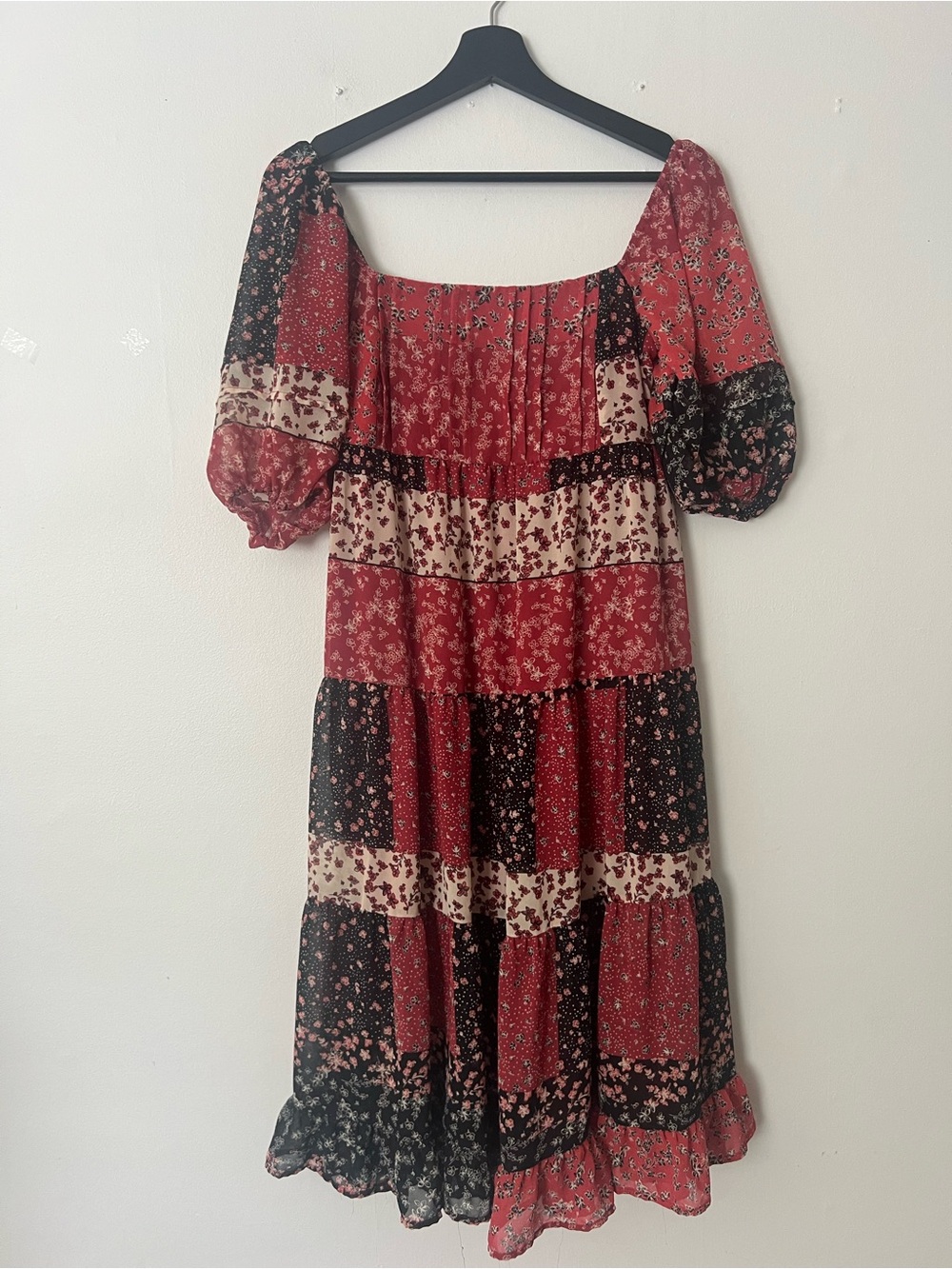 Forever 21 Red/Black Midi Dress, size S, patchwork boho cottagecore farmhouse